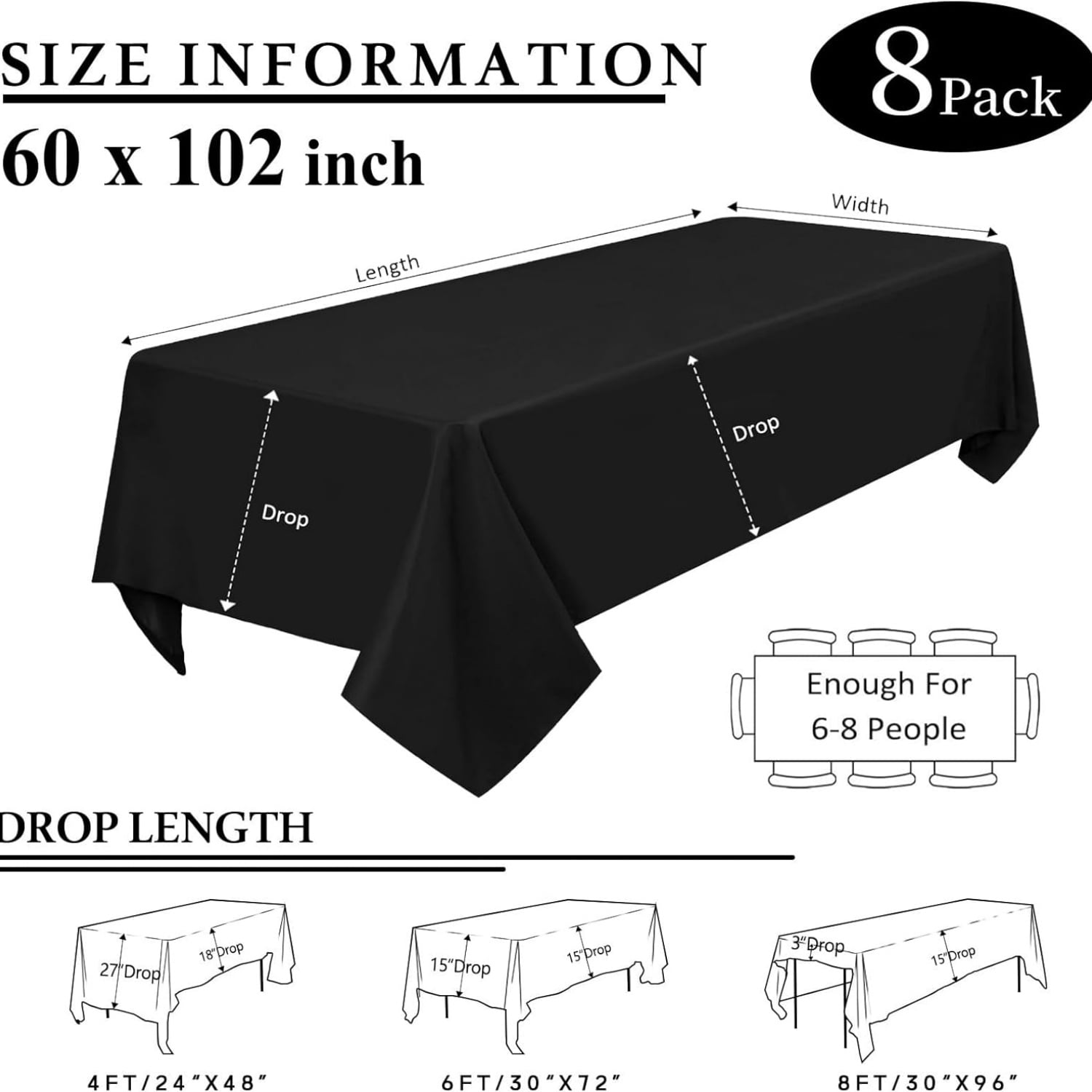 8 Packs Black Tablecloths 60x102 Inch Rectangular Table Cloths For 6 8-packs-black-tablecloths-60x102-inch-rectangular-table-cloths-for-6