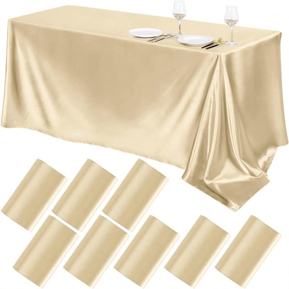 8 Packs Champagne Satin Tablecloth 102 x 58 Inch Overlay Satin Table Cover Rectangle Bright Silk Tablecloth Smooth Fabric Table Decoration for Wedding Banquet Party Events
