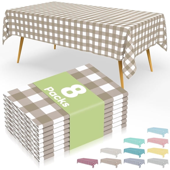 8 Packs Gingham Disposable Table Cloth, 54 x 108 Inch Waterproof Plastic Tablecloth, Rectangle Khaki and White Checkered Table Covers for Outdoor, Birthday, Party
