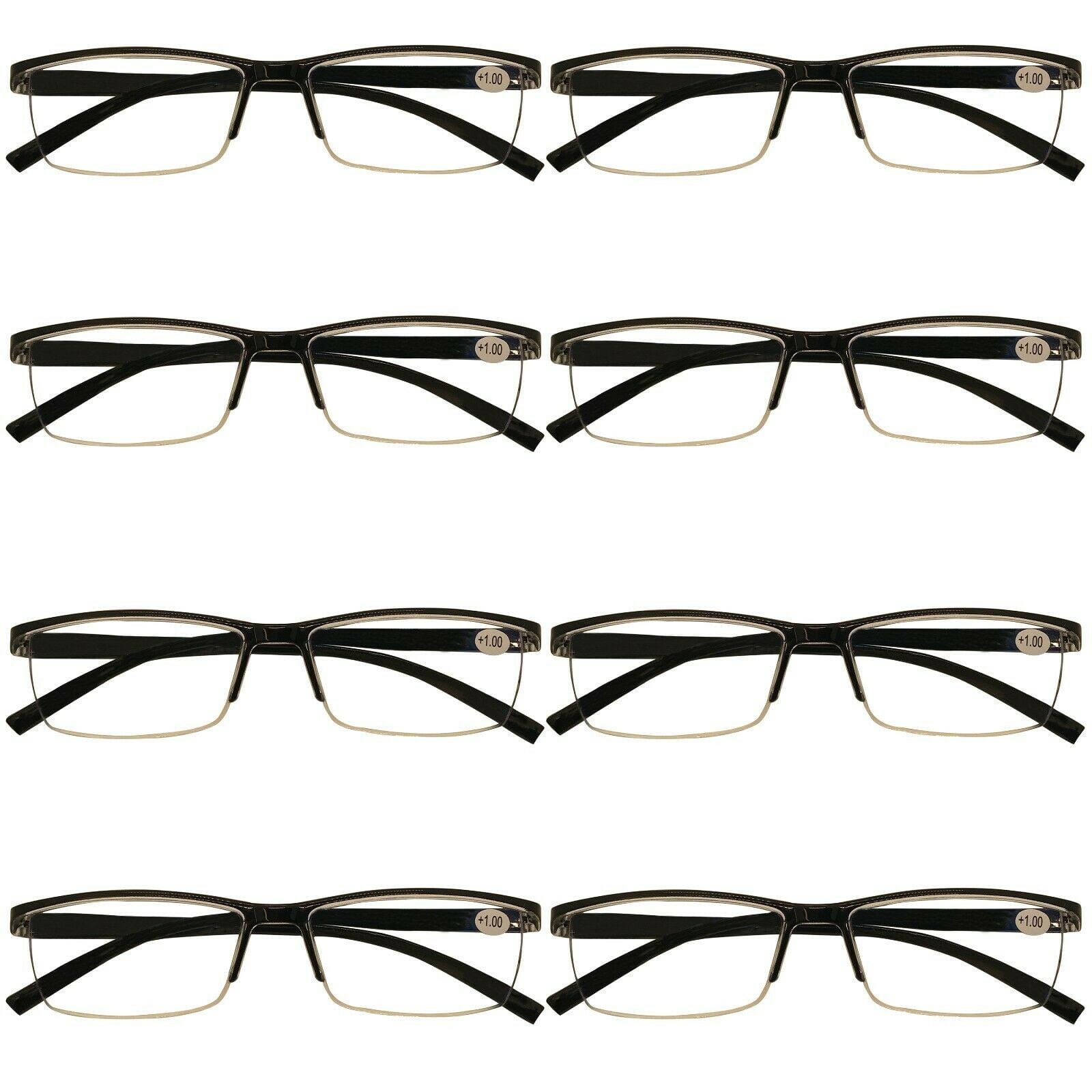 8 Packs Mens Rectangle Half Frame Reading Glasses Blue Light Blocking Black Spring Hinge Readers +1.00