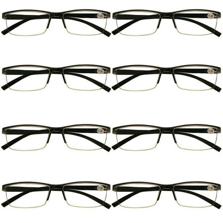 8 Packs Mens Rectangle Half Frame Reading Glasses Blue Light Blocking Black Spring Hinge Readers +1.25