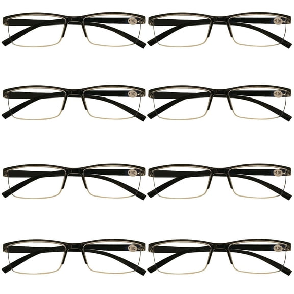 8 Packs Mens Rectangle Half Frame Reading Glasses Blue Light Blocking Black Spring Hinge Readers +1.25