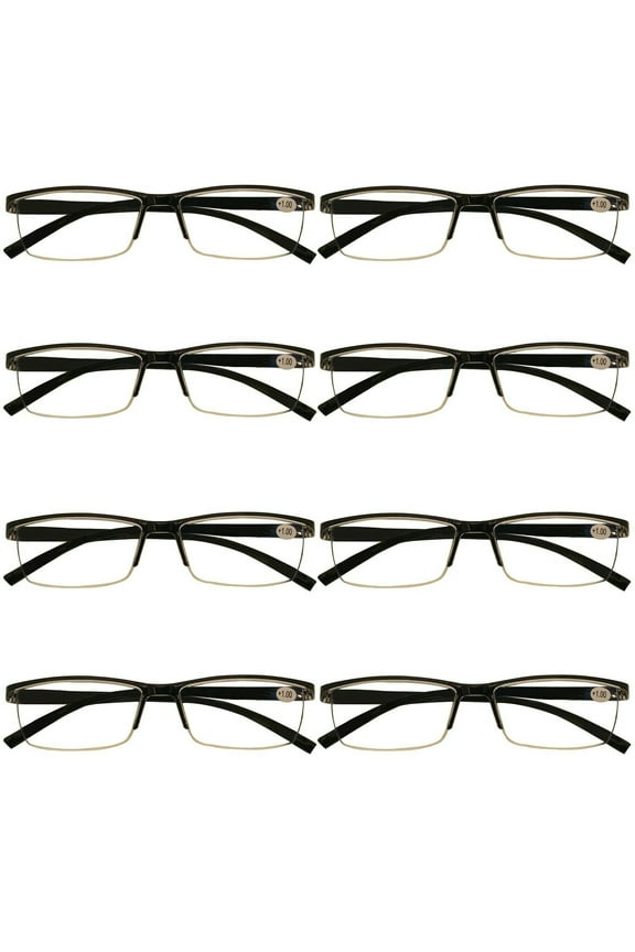 8 Packs Mens Rectangle Half Frame Reading Glasses Blue Light Blocking Black Spring Hinge Readers +2.00