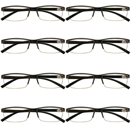 8 Packs Men's Rectangle Half Frame Reading Glasses Blue Light Blocking Black Spring Hinge Readers