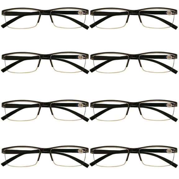 8 Packs Men's Rectangle Half Frame Reading Glasses Blue Light Blocking Black Spring Hinge Readers