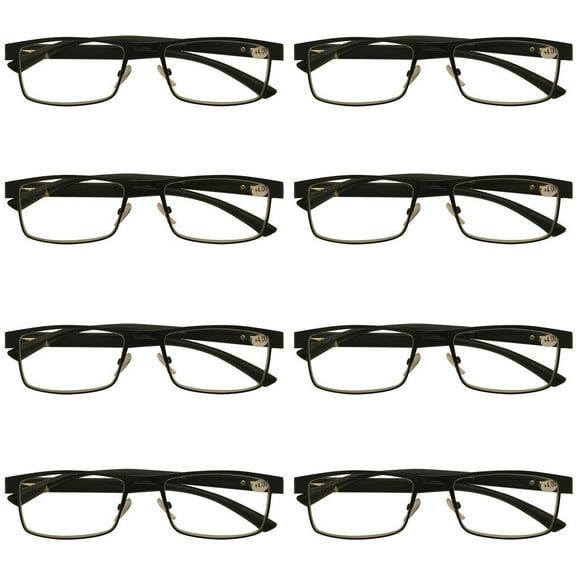 8 Packs Mens Rectangle Metal Frame Reading Glasses Black Spring Hinge Readers +1.00