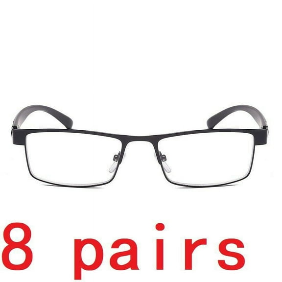 8 Packs Mens Rectangular Classic Metal Frame Reading Glasses Black Spring Hinge Readers +1.00