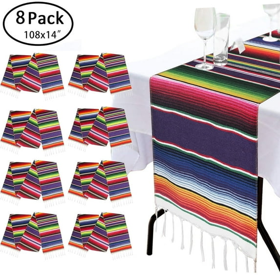 8 Packs Mexican Table Runner,108" x 14" Fiesta Party Supplies, Fringe Cotton Serape for Cinco de Mayo Wedding Decorations