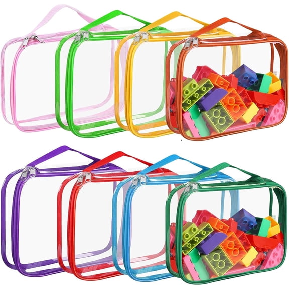 8 Packs Storage Bags with Zipper, Clear PVC Organizing Bags, Storage Organizer with Portable Handle, Travel Organizer Bags for Building Blocks, Puzzle, Toys and Books