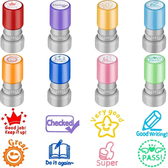 8 Packs Teacher Stamps Self Inking Grading Motivational Encouraging Stamp for Teachers Appreciation Gift Classroom Homework Test Students Behavior Reward Signature Multicolor(Cute)