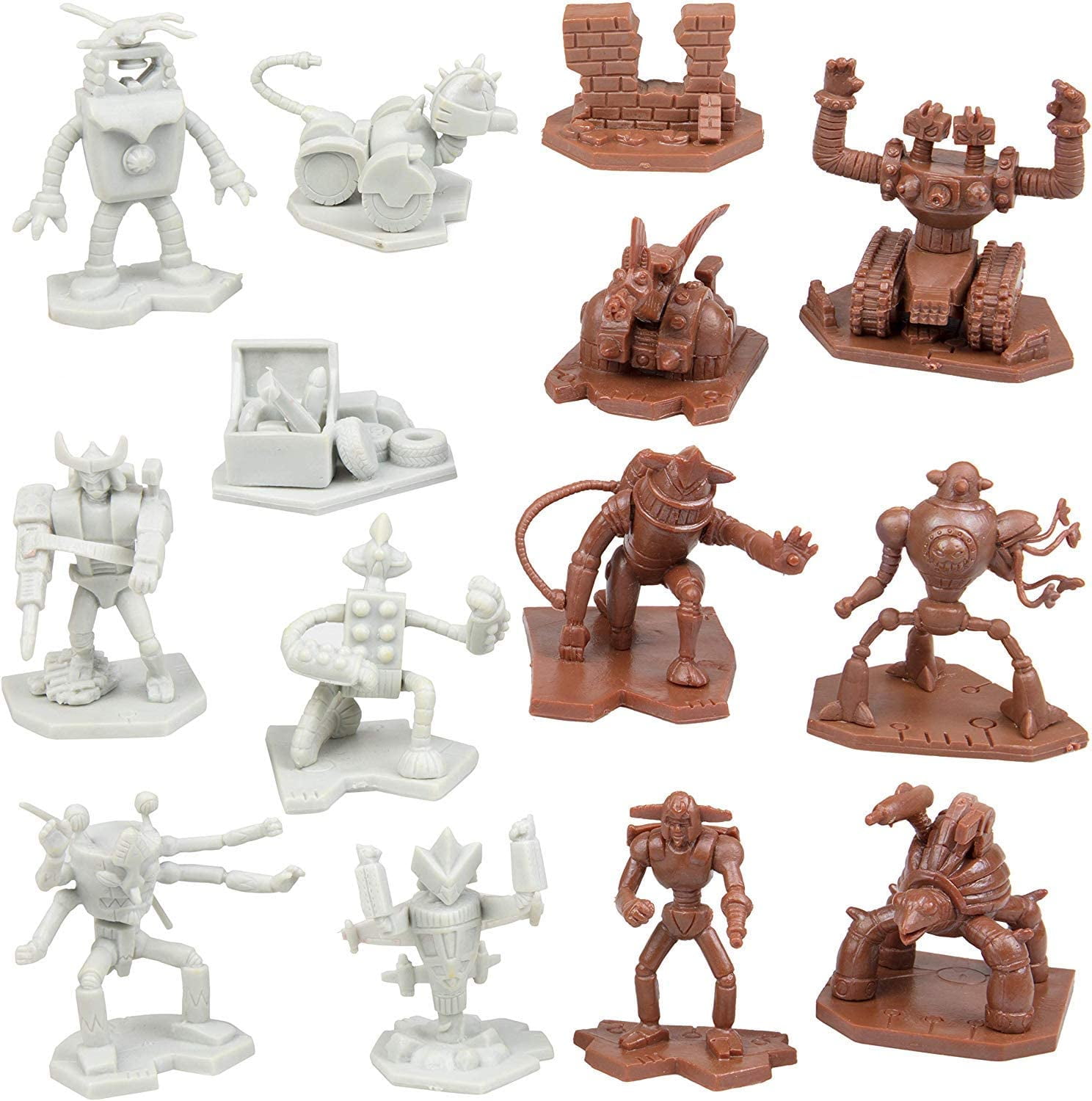 Set of 12 Fantasy Robot Mini Figures - Brown and White Plastic