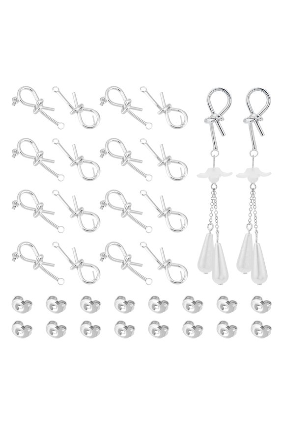 8 Pair Brass Knot Stud Earring Findings with Horizontal Loops 16Pcs Iron Ear Nuts Platinum 32x11x8mm Hole: 2.2mm Pin: 0.7mm