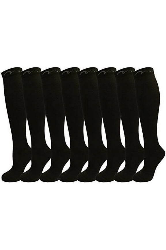 8 Pair Pack Knee-High Youth Compression Socks for Athletics; Basketball, Baseball, Softball, Soccer, Football, Running, Cross Country, MTB, Sports. Gift Set; All Black, Fits ages 9-16