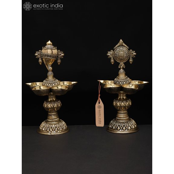 8" Pair of Superfine Multi Wicks Conch and Chakra Lamps for Puja | Handmade | Made In India