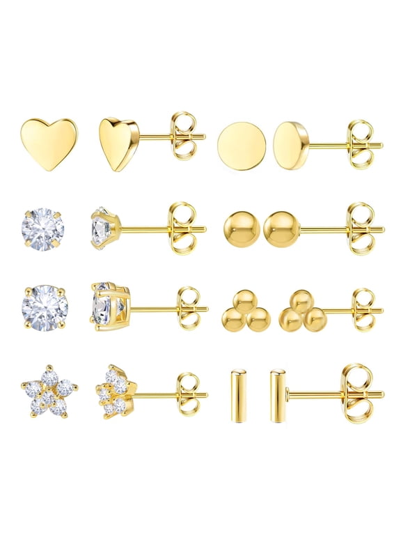 8 Pairs 14K Gold Plated Stud Earrings Set, Titanium Surgical Steel Stud Earrings for Multiple Piercing Hypoallergenic Earrings Flower Heart Ball Cubic Zirconia Studs for Women