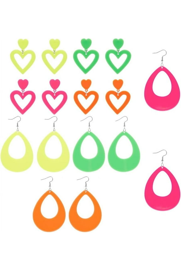 8 Pairs 2 Style Neon Earrings 80s Retro Teardrop Heart Earrings Acrylic Dangle Drop Earrings Hollow Teardrop Heart Earrings Dangle Neon Earrings for DIY Women Costume Party