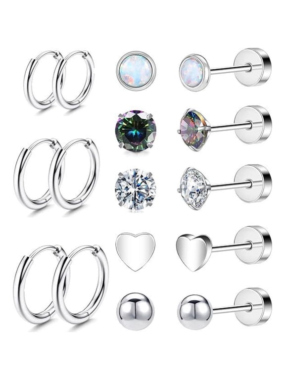 8 Pairs 20G Surgical Steel Stud Earrings for Sensitive Ears - Hypoallergenic, Flat Back Jewelry with Opal Ball CZ Studs & Hoops for Women - Helix Piercing Earrings