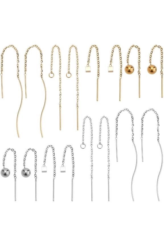 8 Pairs 304 Stainless Steel Chain Stud Earrings 4 Style Cube Round Tassel Earrings Threaded Earrings Stainless Steel Earring Accessories Dangle Chain Earrings Set