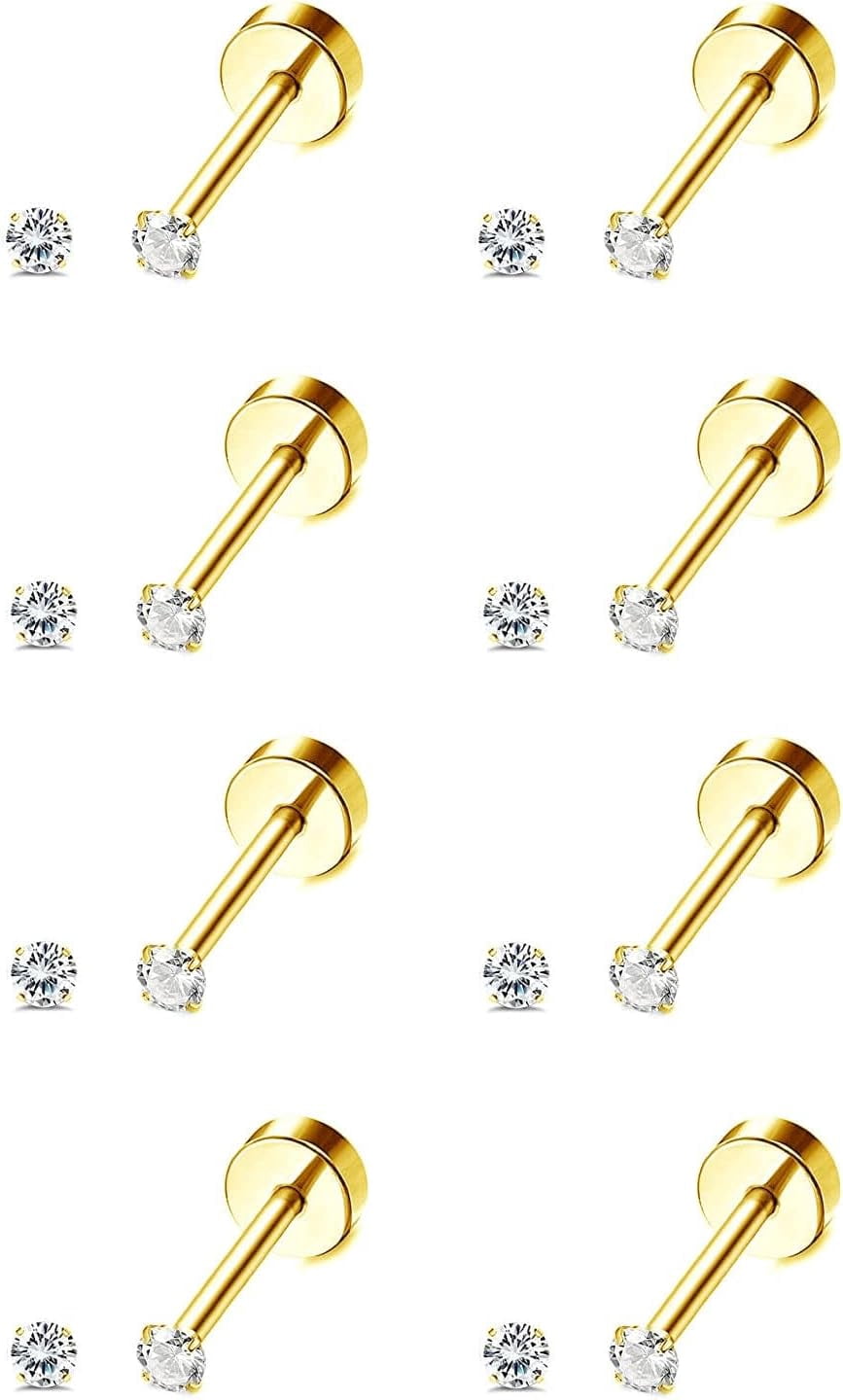 8 Pairs 316L Top Surgical Steel Stud Earrings, 14K Gold Electroplated with Cubic Zirconia, Flat Back Gold Earrings, Hypoallergenic Cartilage Piercing Jewelry for Women and Men[n004]