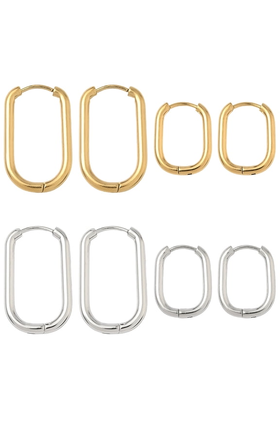 8 Pairs 4 Styles 304 Stainless Steel Oval Hoop Earrings Mixed Color 16.5~26.5x11.5~16x2~2.5mm 2 pairs/style