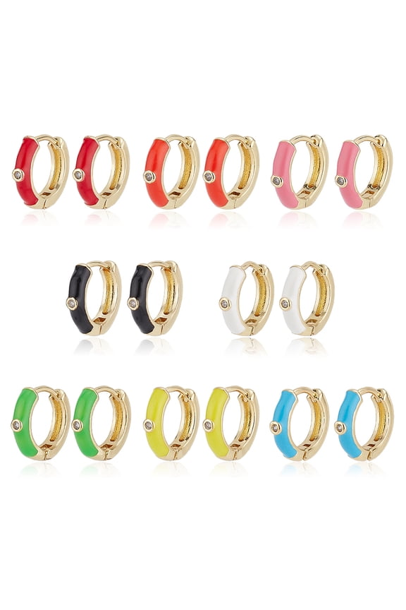 8 Pairs 8 Colors Gold Plated Enamel Hoop Earrings with Clear Cubic Zirconia Light Gold Brass Jewelry Mixed Color 12.5x13.5x3mm Pin: 1mm 1 Pair/color