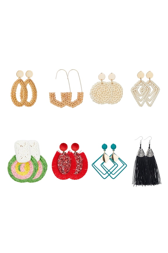 8 Pairs 8 Style Alloy Raffia Wood Polyester Dangle Stud Earrings for Women Teardrop Rectangle Arch Rhombus Mixed Color 51~100mm 1 Pair/style