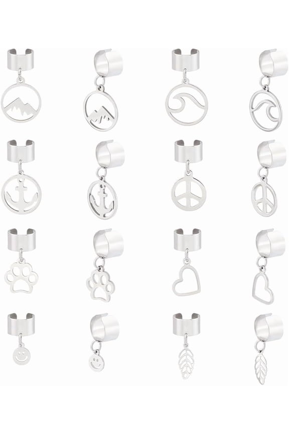 8 Pairs 8 Styles 304 Stainless Steel Cuff Earings with Charms Peace Sign Heart Similing Face Stainless Steel Color 19~28mm 1 pair/style