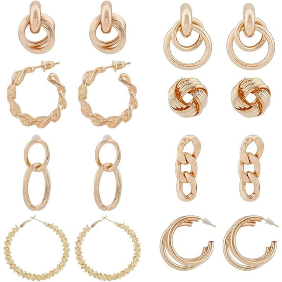8 Pairs 8 Styles Twist Oval & Chains Shape & Round Alloy Stud Earrings Half Hoop Earrings for Women Mixed Color 19~49x12~29.5x7~18mm