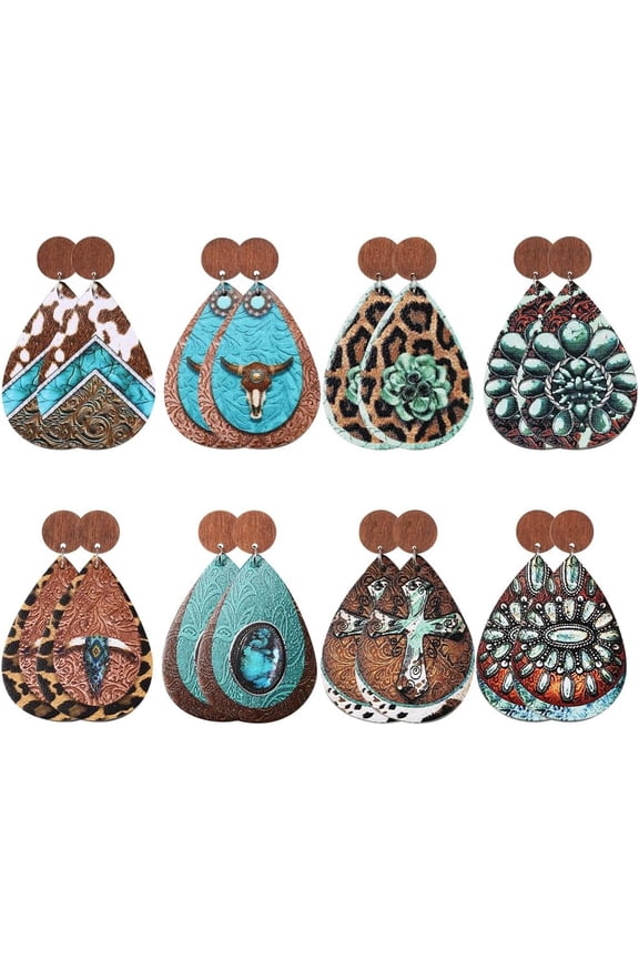 8 Pairs 8 styles Teardrop PU Imitation Leather Dangle Stud Earring West Cowboy style Wood Drop Earring for Women Mixed color 71mm