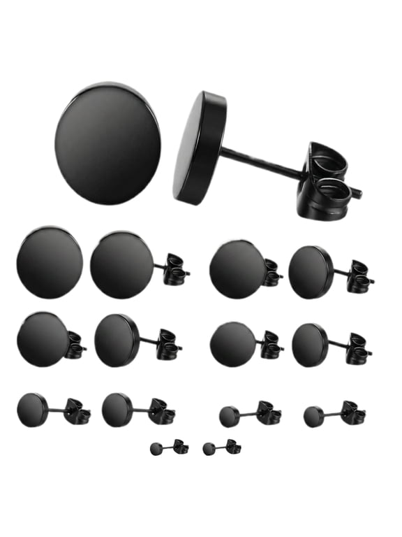 8 Pairs Black Stud Earrings Set, 316L Stainless Steel Round Disc Earrings for Men and Women, Flat Dot Ear Studs, 3mm-10mm