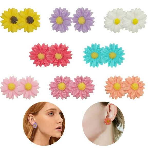 8 Pairs Bohemian Sweet Tiny Resin Sunflower Daisy Flower Stud Earrings Set For Women
