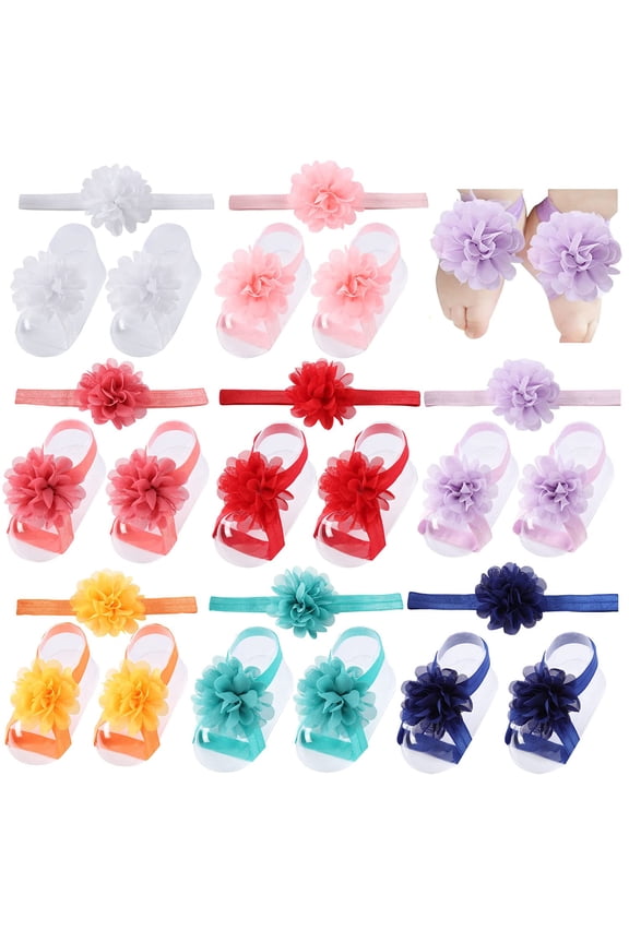 8 Pairs Chiffon Rhinestone Flower Barefoot Sandals with Headbands Accessories for Baby Girls Newborns Infants Toddlers Kids