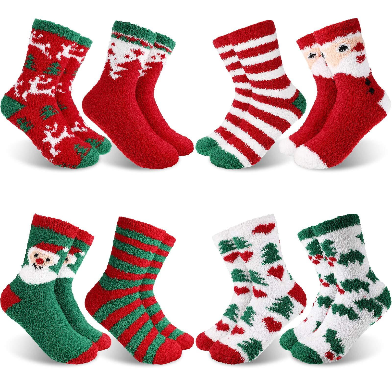 8 Pairs Christmas Fuzzy Socks, Slipper Socks with Grippers for Women and Man, Fluffy Cozy Cabin