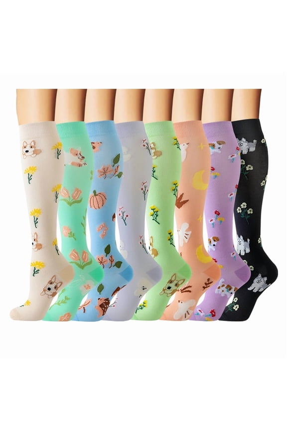 8 Pairs Colorful Printed Compression Sock For Nurse, Travel, Flight