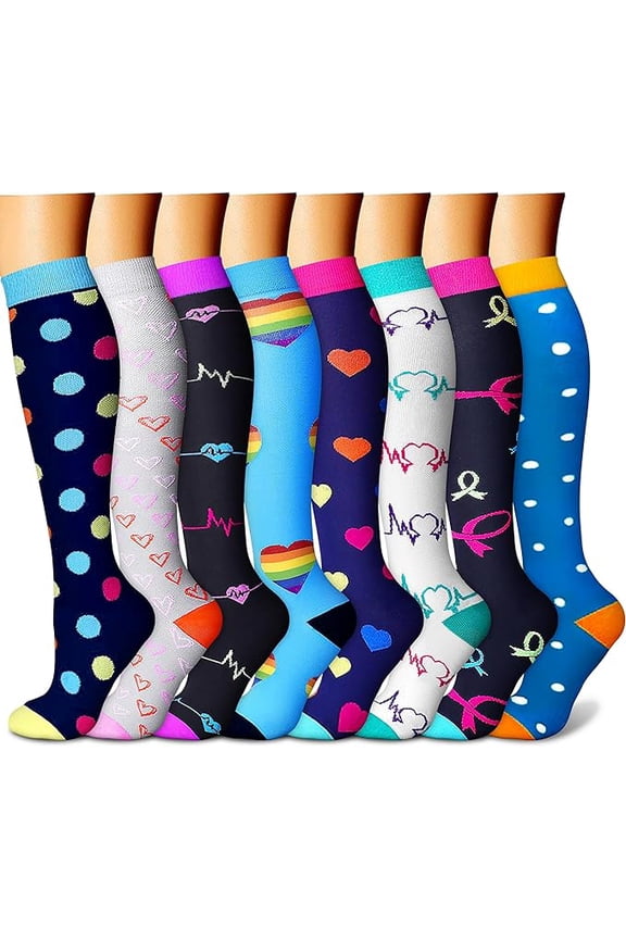 8 Pairs Compression Socks for Men Women Knee Support Hose Medias De Compresion Para Mujer Nurse Nursing School Student Accessories for Work Leg Long Stockings Pregnancy Maternity Travel