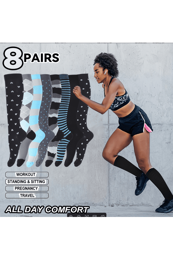 8 Pairs Compression Socks for Men Women Knee Support Hose Medias De Compresion Para Mujer Nurse Nursing School Student Accessories for Work Leg Long Stockings Pregnancy Maternity Travel