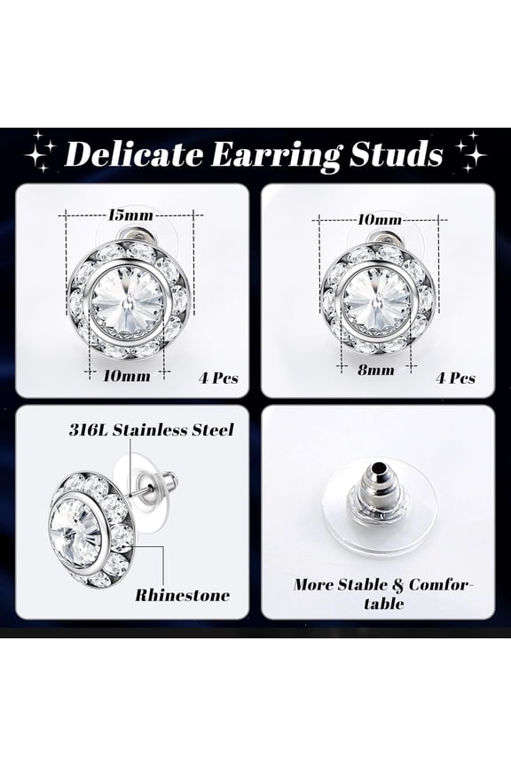 8 Pairs Dance Competition Rhinestone Earrings 10Mm 15Mm | Women R Nd Halo Earring Studs For Dance Competitions S E Opera Party Perfo Ce Wedding Bridal Earrings Jewelry[Z2512]