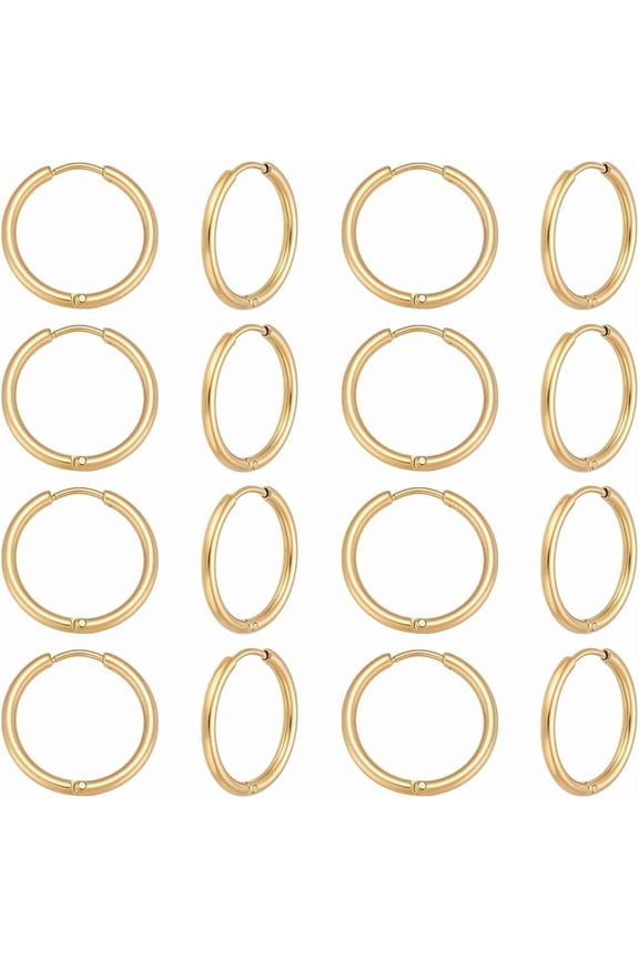 8 Pairs Ion Plating 304 Stainless Steel Huggie Hoop Earring Findings Gold Metal Hoop Earrings with 1mm 316 Surgical Stainless Steel Pin 20mm Mini Round Ring Earring Hook