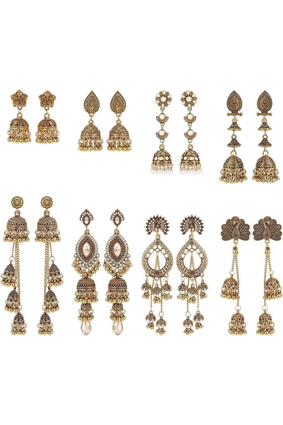 8 Pairs Jhumka Earrings Traditional Indian Jhumka Jhumki Ethnic Stud Earring Sets for Women Vintage Silver Gold Long Tassel Bell Drop Earrings Boho Jewelry for Wife Daughter Fiancee Bride 1box