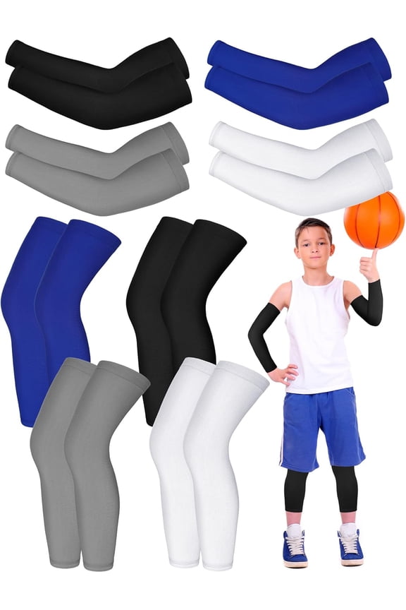 8 Pairs Kids Arm Sleeves and Basketball Leg Sleeves Set Non Slip Long Compression Leg Sleeves for Boys Girls Youth