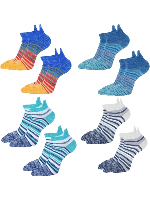 8 Pairs Men Five Finger Toe Socks, Cotton Support Sock Ankle Arch Breathable Running Socks, Colour Stripes Socks for Trainer Sports Working Cycling Hiking Size7-9.5 Available All Seasons