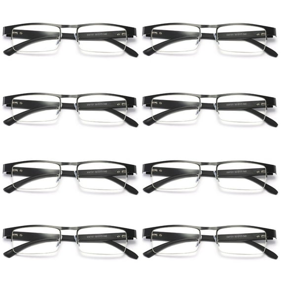 8 Pairs Mens Rectangular Metal Half Frame Reading Glasses Spring Hinge Black Readers +0.75