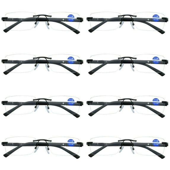 8 Pairs Mens Rectangular Rimless Blue Light Blocking Reading Glasses Spring Hinge Readers +1.00