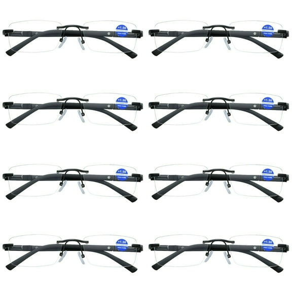 8 Pairs Mens Rectangular Rimless Blue Light Blocking Reading Glasses Spring Hinge Readers +1.00