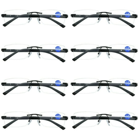 8 Pairs Mens Rectangular Rimless Blue Light Blocking Reading Glasses Spring Hinge Readers +2.50