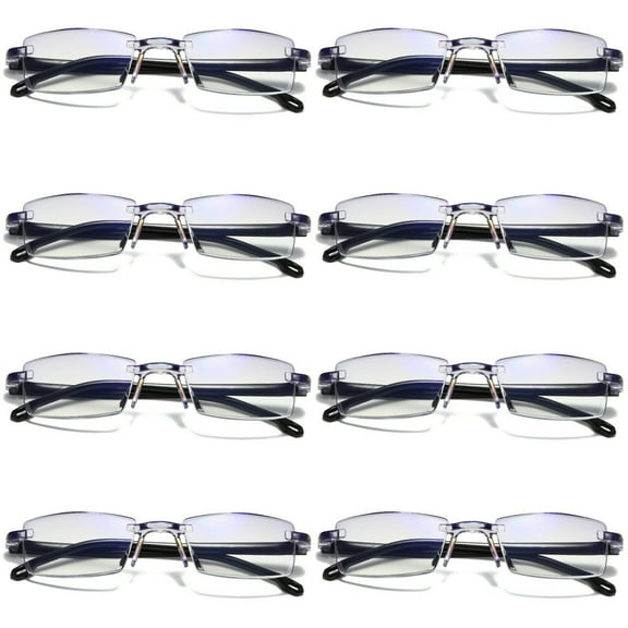 8 Pairs Mens Rectangular Rimless Blue Light Blocking Reading Glasses Unisex Readers +1.00