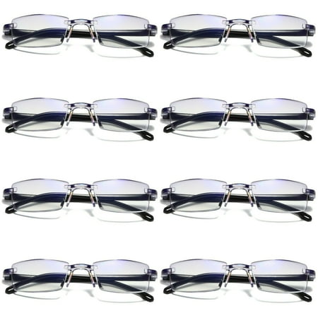 8 Pairs Mens Rectangular Rimless Blue Light Blocking Reading Glasses Unisex Readers +4.00