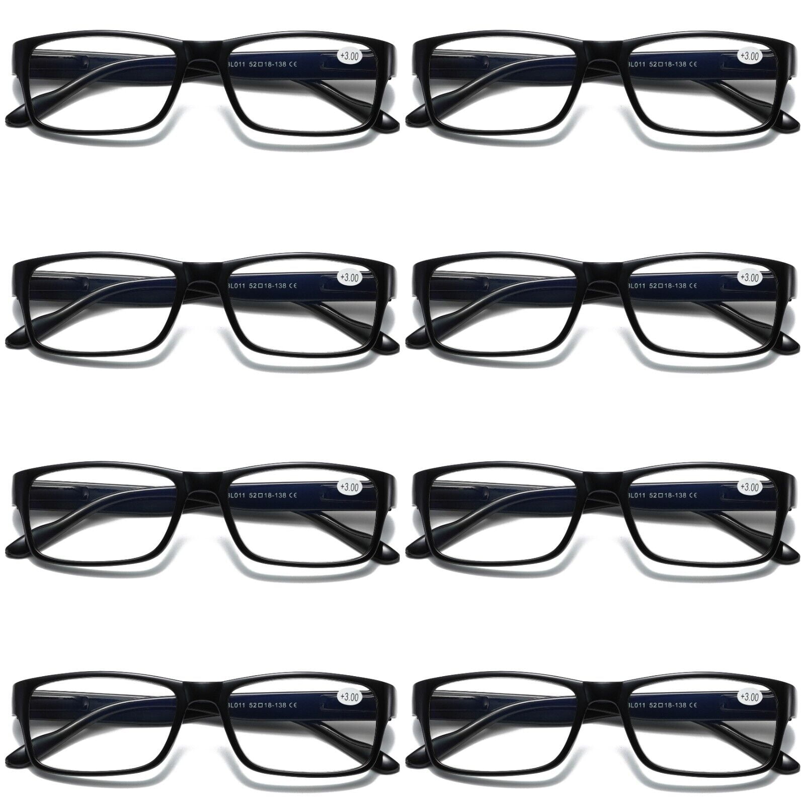 8 Pairs Mens Unisex Blue Light Blocking Reading Glasses Black Spring Hinge Readers +3.00