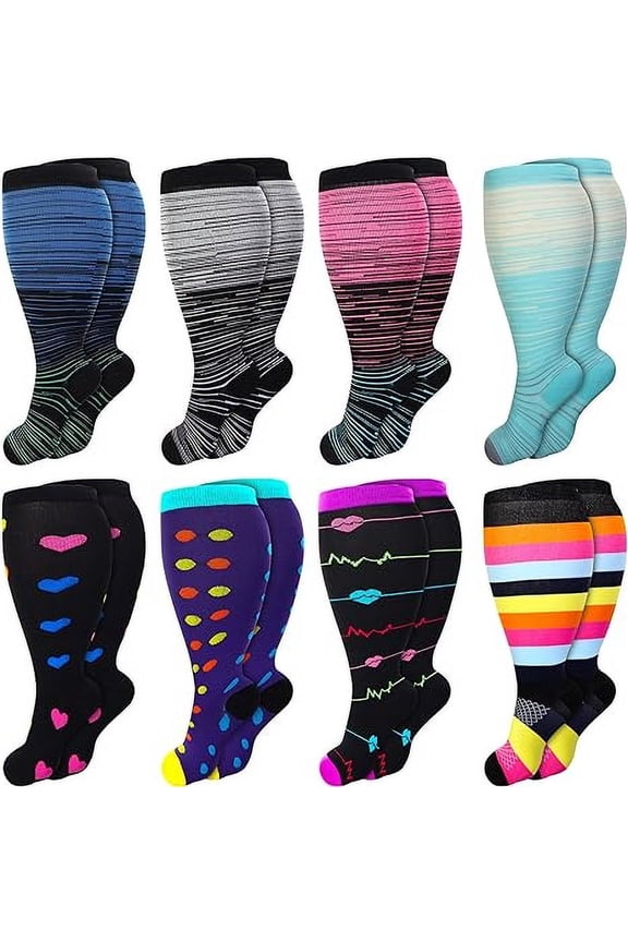 8 Pairs Plus Size Compression Socks Wide Calf for Men Women Knee Support Hose Medias De Compresión Para Mujer Accessories for Work Leg Long Compression Stockings Pregnancy Maternity Travel Beat Rated