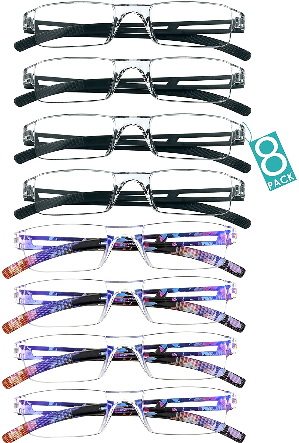 8 Pairs Reading Glasses, Blue Light Blocking Glasses, Computer Reading Glasses for Women and Men, Fashion Square Eyewear Frame (4black+4bluefloral,+4.25 Magnification)